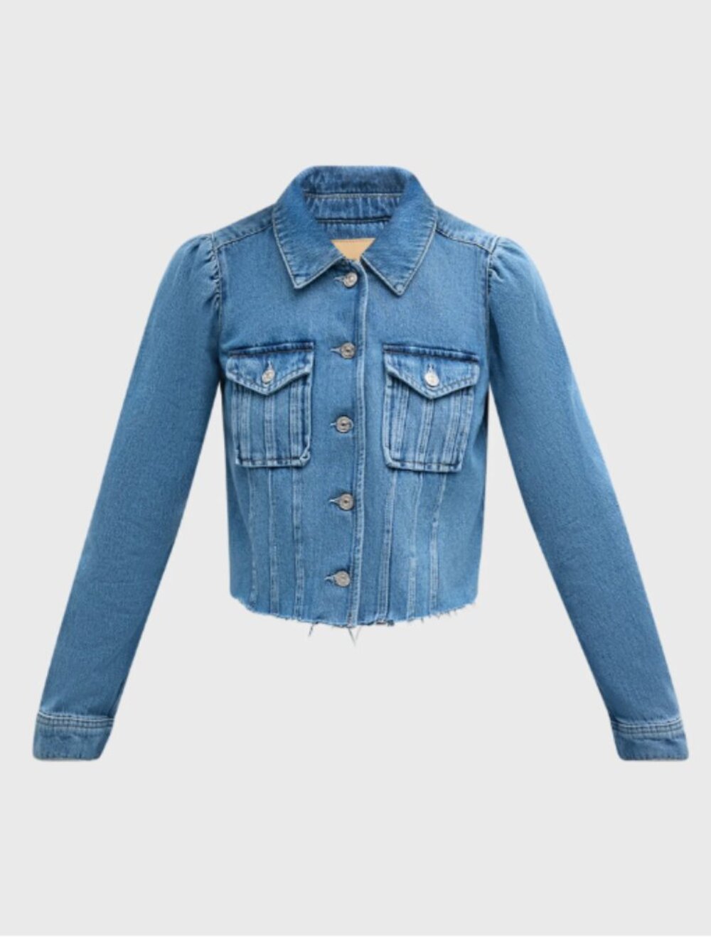 Paige Pacey Denim Jean Jacket Med Hyland Light Wash Puff Sleeve Pleat Structured